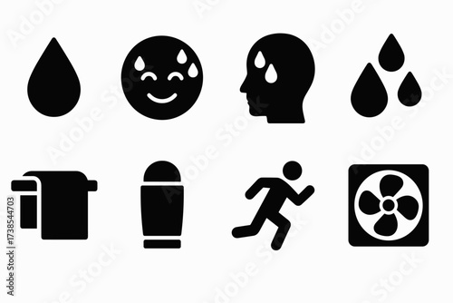 Sweat Icons Grid. Solid, filled icon set of sweat and perspiration: sweat drop, sweating face, dripping forehead, water droplets, towel, deodorant, running