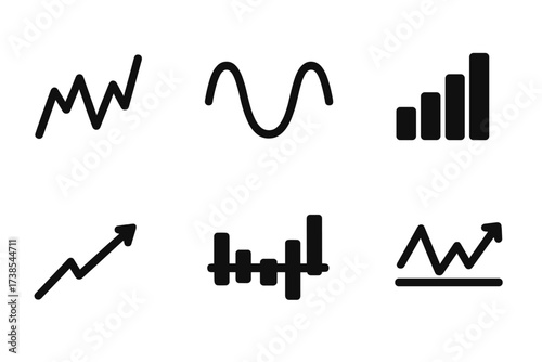 Stock Market Icons. Solid, filled icon set of stock market indicators: RSI, MACD, moving average, volume bars, trend line, support level, resistance level,