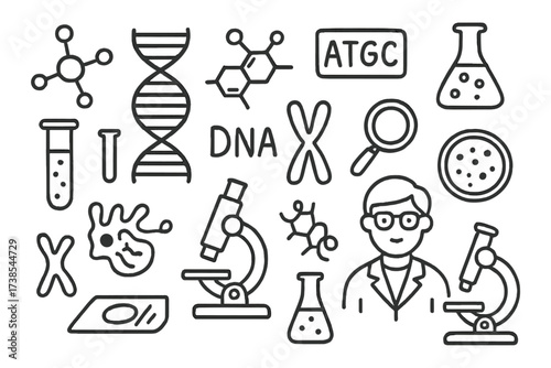 DNA Doodle Icons. Hand-drawn doodle illustration DNA and molecular genetics DNA double helix, molecule structure, gene icon, nucleotide bases, microscope, test