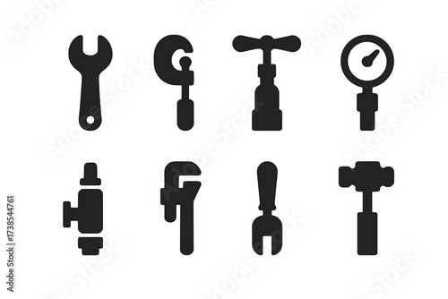 Steam Tools Icon Set. Solid, filled icon set of steam-related tools: wrench, pipe cutter, valve key, pressure gauge, safety valve, pipe wrench, boiler tool,