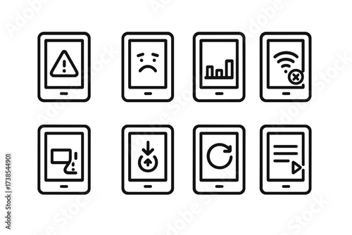 E-Reader Icon Troubles. Outline icon set of e-reader troubleshooting: error alert, software crash, low storage, connectivity issue, battery warning, update
