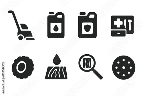 Ballroom Floor Tools. Solid, filled icon set of ballroom floor maintenance: sanding machine, wax, sealant, repair kit, buffing pad, protective coating, floor