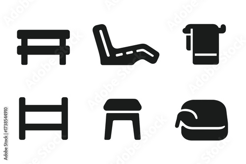 Steam Room Furniture Icons. Solid, filled icon set of steam room furniture: wooden bench, backrest, footrest, headrest, towel rack, storage shelf, stool, seat