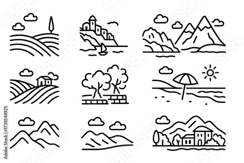 Italian Landscape Icons. Outline icon set of Italian landscapes: Tuscan hills, Amalfi coast, Alps mountain, rolling vineyards, olive grove, Sicilian beach,