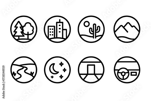 Night Vision Icon Set. Outline icon set of night vision environments: forest, urban area, desert, mountain, river, night sky, building interior, vehicle cabin.