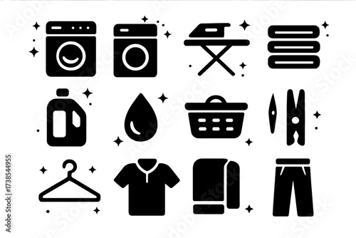 Laundry Icon Set. Laundry routine. Solid icons set of laundry routine: washer, dryer, ironing board, folded stack, detergent, water drop, basket, clothespin,