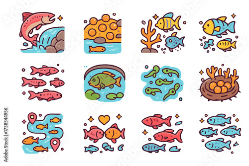 Colorful Fish Spawning Icons. Fish spawning. Colorful isometric vector icons set of fish spawning: salmon jumping upstream, salmon eggs in riverbed, spawning