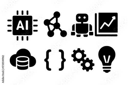 Machine Learning Icons. Solid, filled icon set of machine learning analytics: AI chip, neural network, robot, graph, data cloud, code brackets,