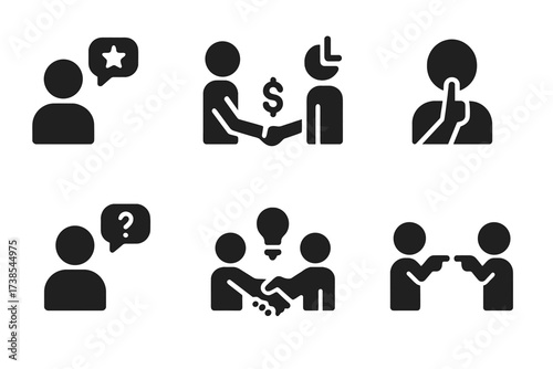 Negotiation Tactics Icons. Solid, filled icon set of negotiation tactics: persuasion, bargaining, concession, silence, bluffing, collaboration, compromise,