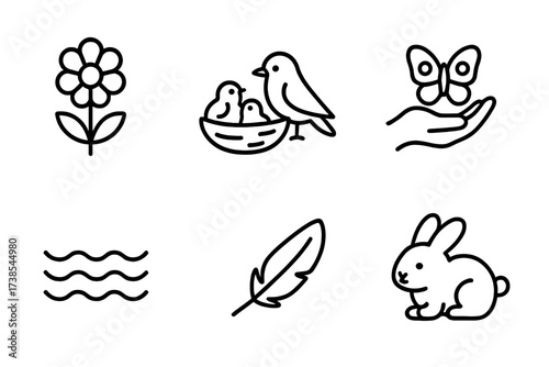 Tender Nature Icons. Outline icon set of tenderness in nature: blooming flower, mother bird with chicks, butterfly on hand, sunset horizon, gentle waves, cozy
