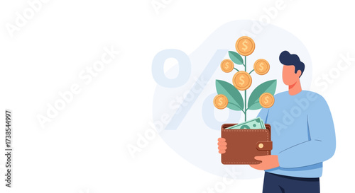Illustrating financial growth and investment concepts with a person holding a wallet full of money and a money tree showing coins and banknotes