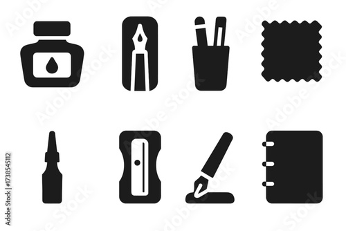 Pen Accessory Icons. Solid, filled icon set of pen accessories: ink bottle, pen case, pen holder, cleaning cloth, ink refill, sharpening tool, pen stand,