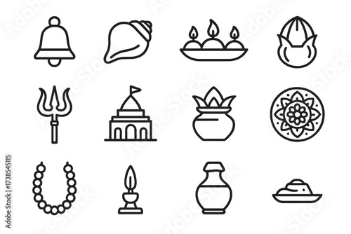Sacred Icons Grid. bell, conch shell, offering plate, coconut, trishul, temple, holy water pot, mandala, garland. All outline icons in only black color, with