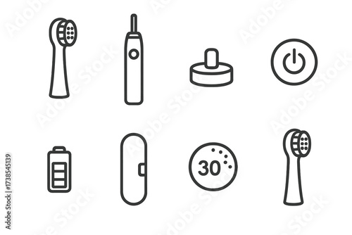 Electric Toothbrush Icons. Outline icon set of electric toothbrush parts: brush head, handle, charging base, power button, battery indicator, travel case,