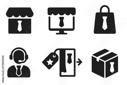 Tie Retail Icons. Solid, filled icon set of tie retail: storefront, online shop, price tag, shopping bag, customer service, sale tag, fitting room, delivery
