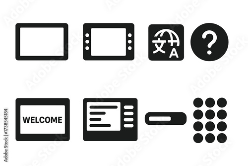 ATM Interface Icons. Solid, filled icon set of ATM user interface: touchscreen, button panel, language selection, help icon, welcome screen, transaction menu,