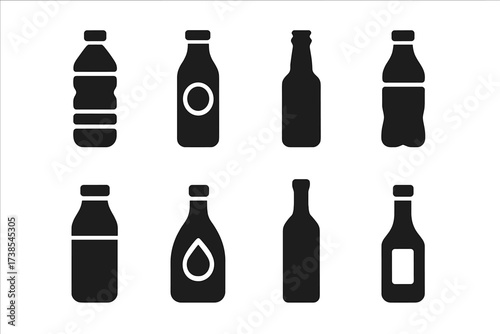 Bottle Icon Grid. Solid, filled icon set of bottle contents: water bottle, juice bottle, beer bottle, soda bottle, milk bottle, oil bottle, wine bottle, sauce