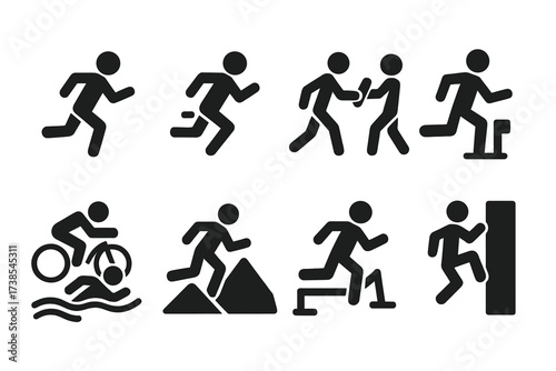 Race Type Icons. Solid, filled icon set of race types: marathon, sprint, relay, hurdle, triathlon, cross-country, drag race, obstacle course. [Line icons in
