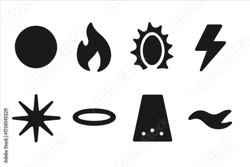 Spirit World Energy Icons. Solid, filled icon set of spirit world light and energy: glowing orb, flame, aura, lightning bolt, starburst, halo, beam of light,