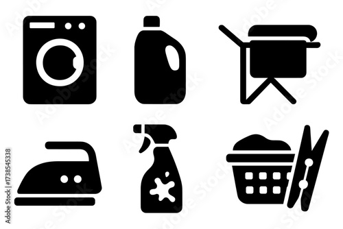 Laundry Care Icons. Solid, filled icon set of towel care and laundry: washing machine, detergent bottle, drying rack, folded laundry, iron, stain remover,