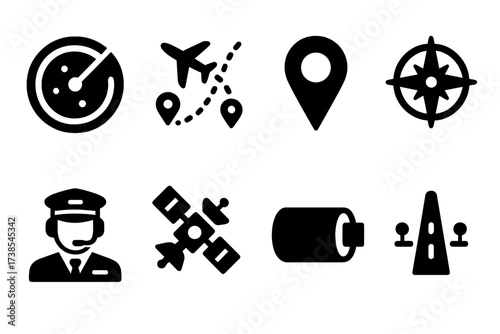 Flight Navigation Icons. Solid, filled icon set of flight navigation: radar screen, flight path, map pin, compass rose, air traffic controller, satellite,