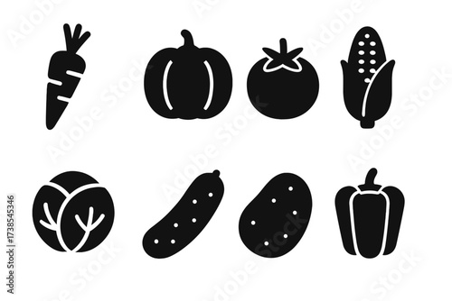 Vegetable Harvest Icons. Solid, filled icon set of vegetable harvest: carrot, pumpkin, tomato, corn, cabbage, cucumber, potato, bell pepper. [Line icons in