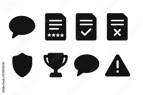 Feedback Icon Set. Solid, filled icon set of assignment feedback: comment, star rating, checkmark, cross, badge, trophy, message, alert. [Line icons in only