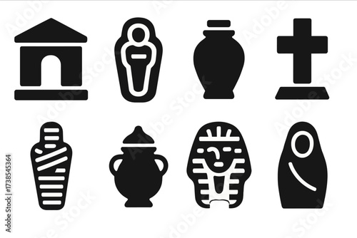 Ancient Burial Icons. Solid, filled icon set of ancient burial: tomb, sarcophagus, urn, grave marker, mummy, offering jar, burial mask, funerary shroud.