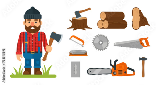 Illustrative Collection of Lumberjack Tools and Woodworking Equipment for Forest Industry Professions