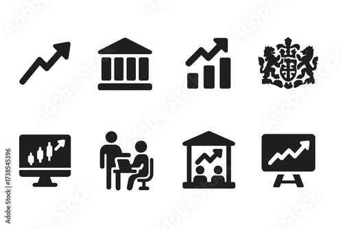 Stock Exchange Icons. Solid, filled icon set of stock exchange platforms: NASDAQ, NYSE, Tokyo Exchange, London Stock Exchange, digital trading, brokers, market