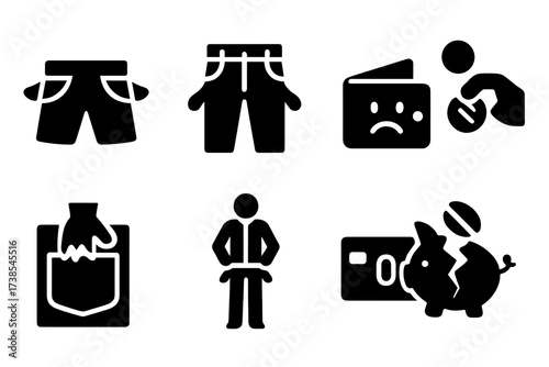 Empty Pockets Icons. Solid, filled icon set of empty pockets: turned out pockets, empty jeans pockets, sad wallet, no coins, torn pocket lining, hands in