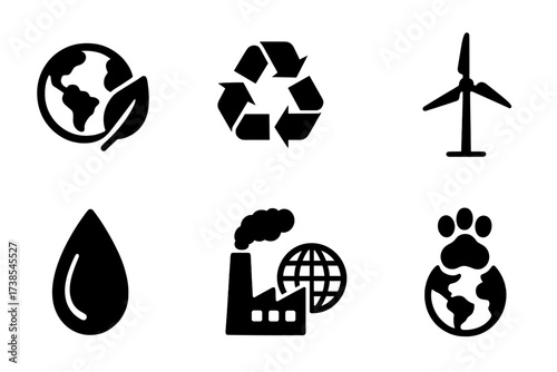 Global Environment Icons. Solid, filled icon set of environmental global themes: Earth with leaf, recycling symbol, solar panel globe, wind turbine, water