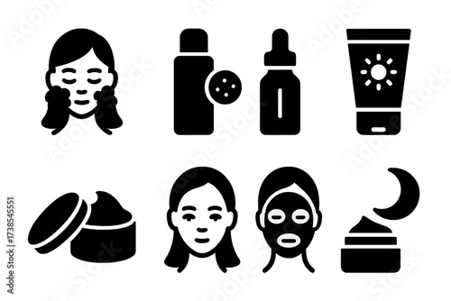Anti-Aging Routine Icons. Solid, filled icon set of anti-aging daily routine steps: cleanse, tone, serum, moisturize, sunscreen, exfoliate, mask, night care.