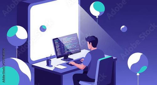 Developer Coding Programing Software Development Digital Technology and Future Innovation with Balloons Decoration