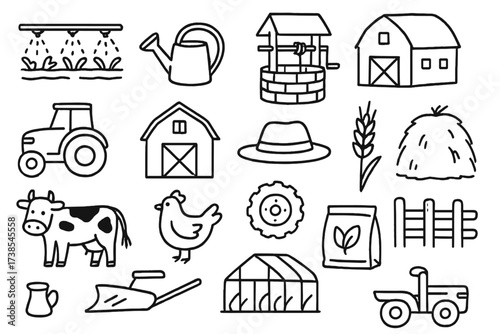 Farm Life Icons. Hand-drawn doodle illustration Irrigation and water management irrigation system, watering can, well, plow, tractor, barn, farmer hat, wheat