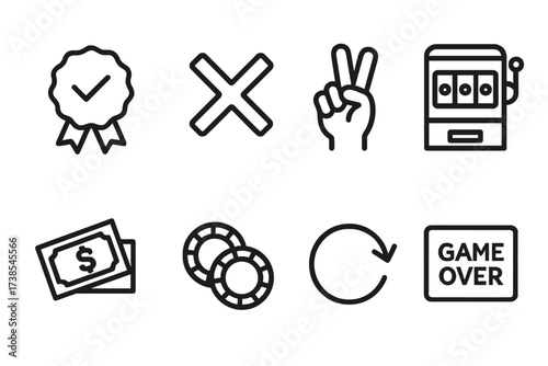 Game Outcome Icons. Outline icon set of game outcomes: win badge, lose cross, draw hand, jackpot icon, payout money, lost chips, replay button, game over