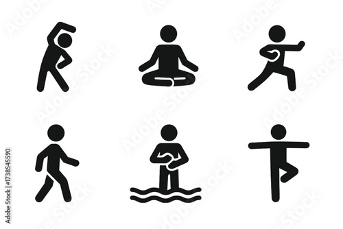 Relaxation Fitness Icons. Solid, filled icon set of relaxation fitness: stretching, yoga, tai chi, walking, swimming, deep breathing, pilates, balance pose.