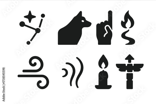 Ancestral Guidance Icons. Solid, filled icon set of ancestral guidance symbols: star map, spirit animal, guiding hand, flame path, wind swirl, whisper mark,