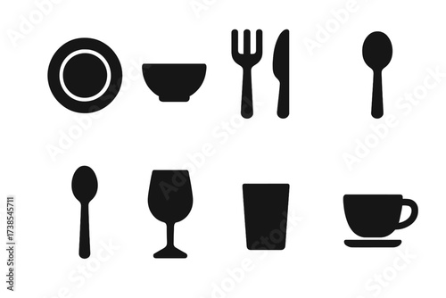 Tableware Icon Set. Solid, filled icon set of tableware: plate, bowl, fork, knife, spoon, wine glass, water glass, cup. Line icons in only black color. All