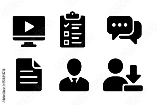 Online Course Icons. Solid, filled icon set of online course elements: video lecture, quiz, certificate, discussion forum, assignment, progress bar,