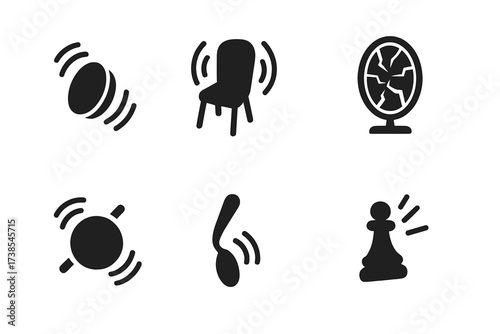 Mind Power Icons. Solid, filled icon set of mind-powered motion: spinning coin, flying chair, shattered mirror, hovering pencil, rotating orb, bending spoon,
