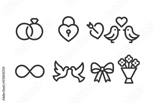 Engagement Icon Set. Outline icon set of engagement symbols: intertwined rings, heart lock, cupid?s arrow, lovebirds, infinity sign, doves, ribbon bow,