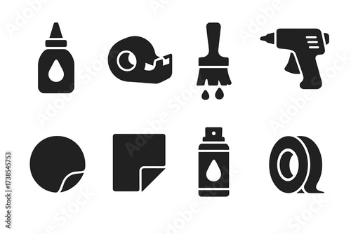 Adhesive Icons Grid. Solid, filled icon set of adhesive application: glue bottle, tape dispenser, brush glue, hot glue gun, sticker, adhesive sheet, spray