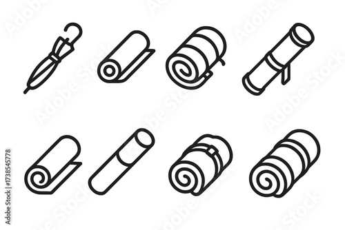 Rolled Accessories Icons. Outline icon set of rolled accessories: rolled-up umbrella, rolled-up yoga mat, rolled sleeping bag, rolled scroll case, rolled