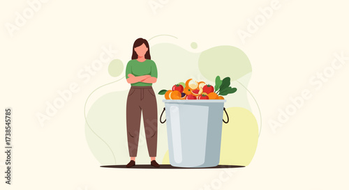 A Woman Stands Proudly Beside a Large Bucket Overflowing with Fresh Fruits and Vegetables Ready for Harvesting and Enjoying Wholesome Foods