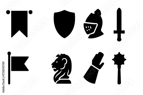 Medieval Heraldic Icons. Solid, filled icon set of medieval heraldic objects: banner, shield, helmet, sword, mace, flag, crest, gauntlet. Solid, filled icons