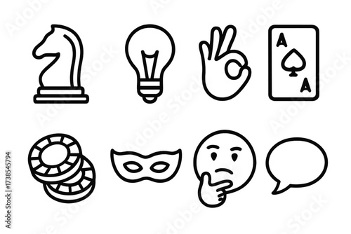 Strategy Icon Set. Outline icon set of strategy bluff: chess knight, light bulb, hand gesture, hidden card, poker chips, eye mask, thinking face, speech