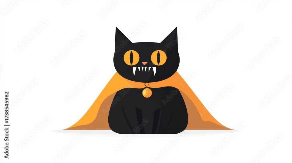 Obraz premium A playful cartoon illustration of a black cat in a Halloween costume, featuring bright orange eyes and a spooky cape.