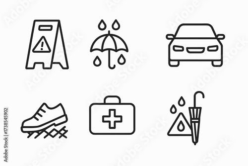 Rainy Day Safety Icons. Outline icon set of rainy day safety: wet floor sign, caution umbrella, emergency rain gear, car hazard lights, non-slip shoes, first