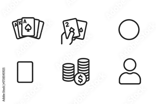 Poker Game Icons. Outline icon set of high stakes poker game: royal flush, poker hand, dealer button, chip stack, blind bet, card deck, poker table, player